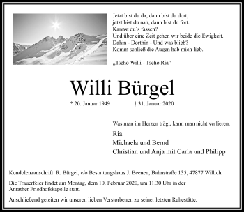 Traueranzeige von Willi Bürgel von trauer.extra-tipp-moenchengladbach.de