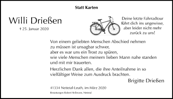 Traueranzeige von Willi Drießen von trauer.extra-tipp-moenchengladbach.de