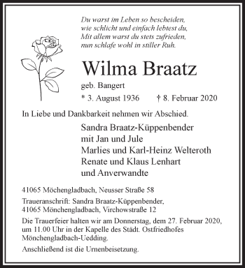 Traueranzeige von Wilma Braatz von trauer.extra-tipp-moenchengladbach.de