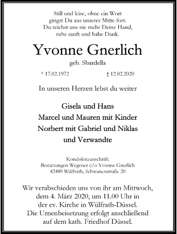 Traueranzeige von Yvonne Gnerlich von trauer.wuppertaler-rundschau.de