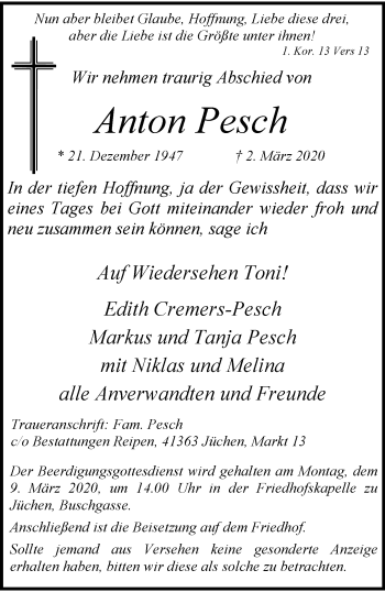 Traueranzeige von Anton Pesch von trauer.stadt-kurier.de