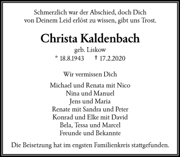 Traueranzeige von Christa Kaldenbach von trauer.wuppertaler-rundschau.de