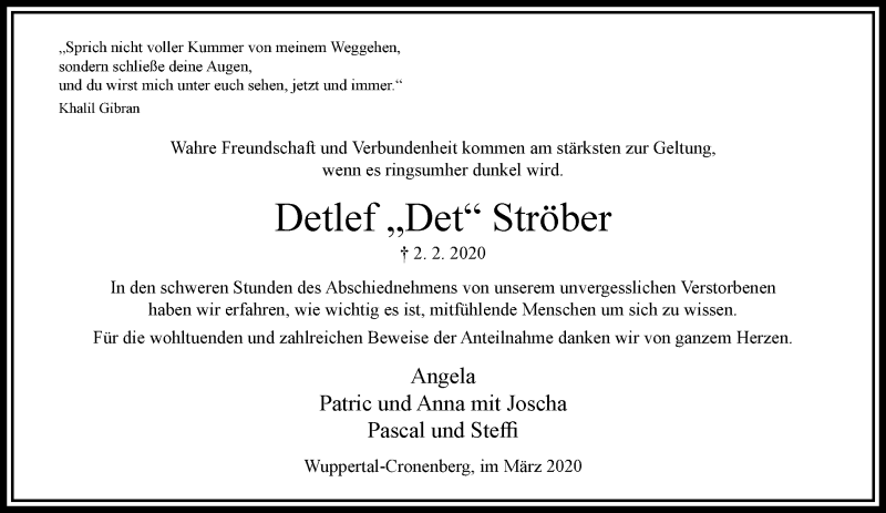  Traueranzeige für Detlef Ströber vom 07.03.2020 aus trauer.wuppertaler-rundschau.de