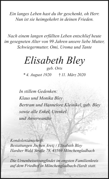 Traueranzeige von Elisabeth Bley von trauer.extra-tipp-moenchengladbach.de