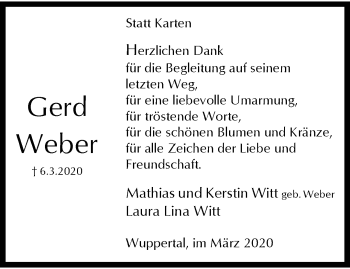 Traueranzeige von Gerd Weber von trauer.wuppertaler-rundschau.de