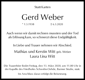 Traueranzeige von Gerd Weber von trauer.wuppertaler-rundschau.de