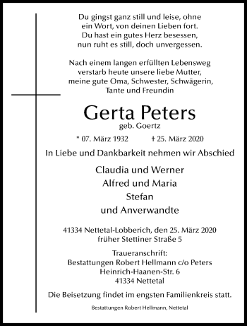 Traueranzeige von Gerta Peters von trauer.extra-tipp-moenchengladbach.de