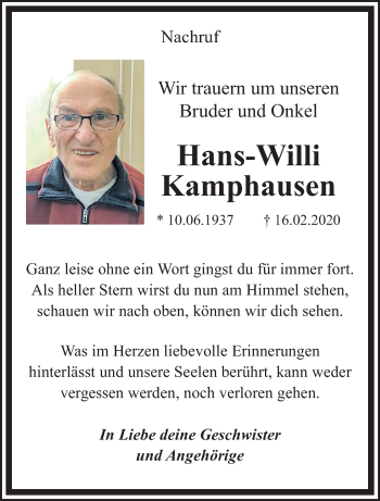 Traueranzeige von Hans-Willi Kamphausen von trauer.extra-tipp-moenchengladbach.de