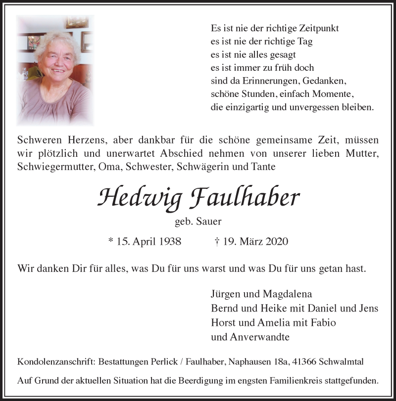  Traueranzeige für Hedwig Faulhaber vom 29.03.2020 aus trauer.extra-tipp-moenchengladbach.de