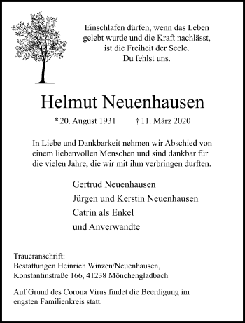 Traueranzeige von Helmut Neuenhausen von trauer.extra-tipp-moenchengladbach.de