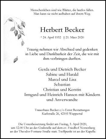 Traueranzeige von Herbert Becker von trauer.wuppertaler-rundschau.de