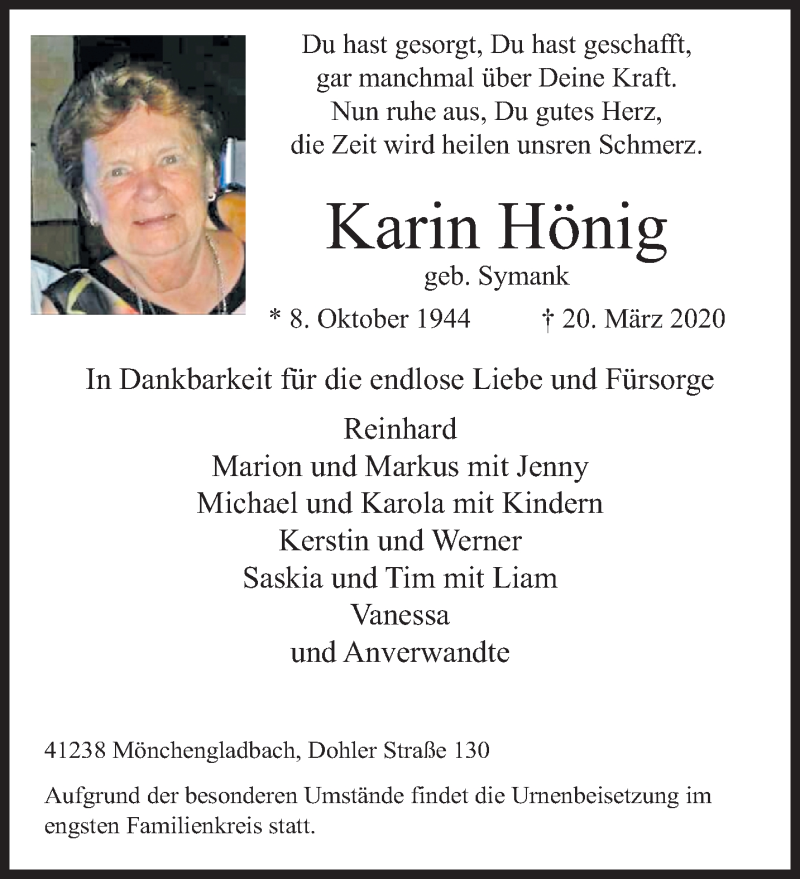  Traueranzeige für Karin Hönig vom 29.03.2020 aus trauer.extra-tipp-moenchengladbach.de