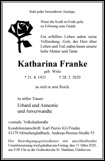 Traueranzeige von Katharina Franke von trauer.extra-tipp-moenchengladbach.de