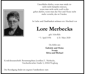 Traueranzeige von Lore Merbecks von trauer.extra-tipp-moenchengladbach.de