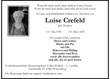 Traueranzeige von Luise Crefeld von trauer.extra-tipp-moenchengladbach.de