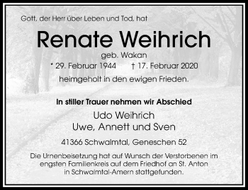 Traueranzeige von Renate Weihrich von trauer.extra-tipp-moenchengladbach.de