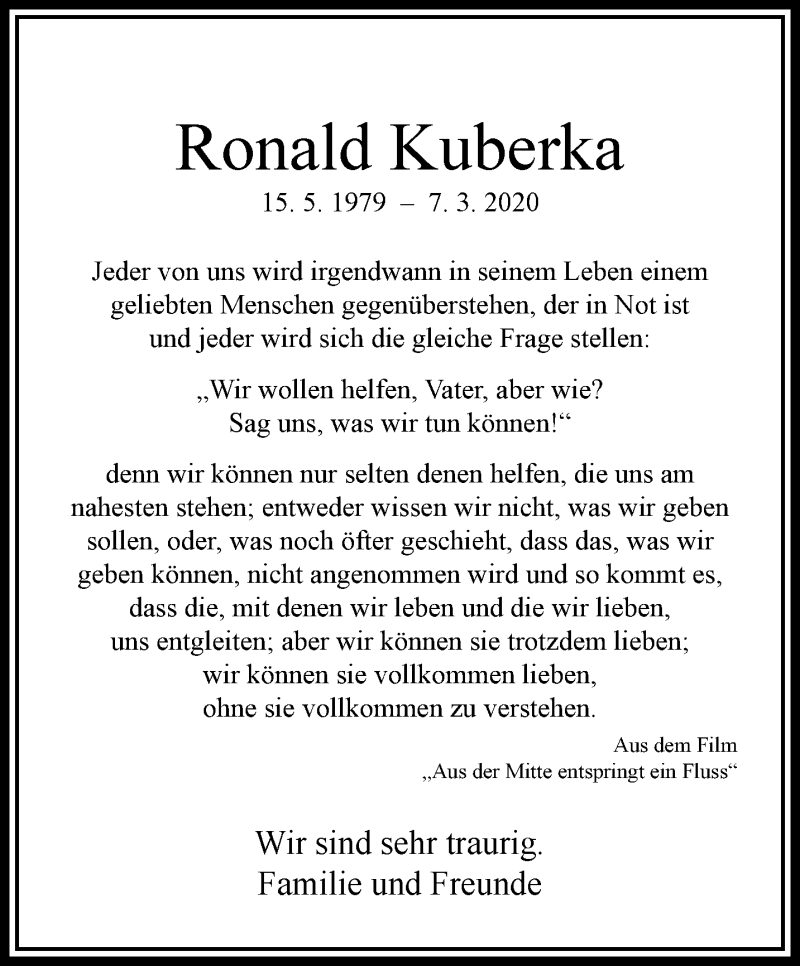  Traueranzeige für Ronald Kuberka vom 21.03.2020 aus trauer.wuppertaler-rundschau.de