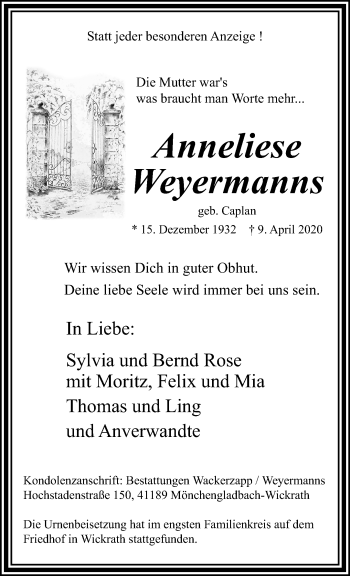 Traueranzeige von Anneliese Weyermanns von trauer.extra-tipp-moenchengladbach.de