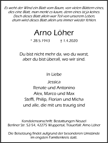 Traueranzeige von Arno Löher von trauer.wuppertaler-rundschau.de