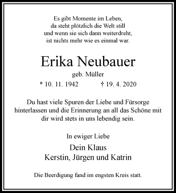 Traueranzeige von Erika Neubauer von trauer.wuppertaler-rundschau.de