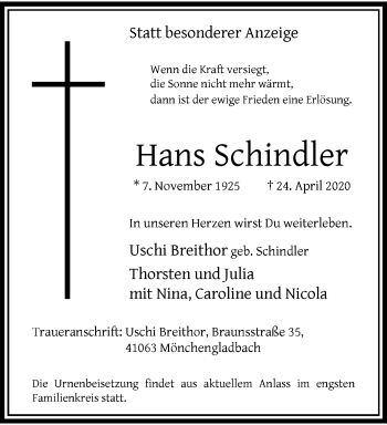 Traueranzeige von Hans Schindler von trauer.extra-tipp-moenchengladbach.de