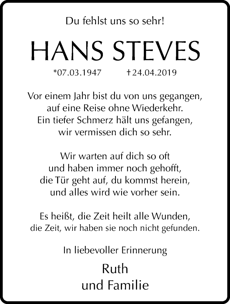  Traueranzeige für Hans Steves vom 26.04.2020 aus trauer.extra-tipp-moenchengladbach.de