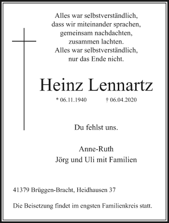 Traueranzeige von Heinz Lennartz von trauer.extra-tipp-moenchengladbach.de