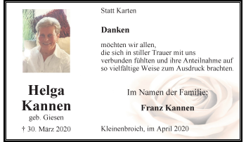 Traueranzeige von Helgan Kannen von trauer.extra-tipp-moenchengladbach.de