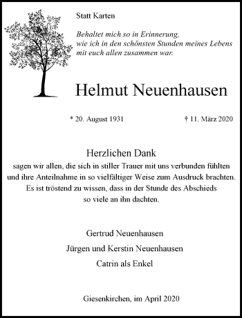 Traueranzeige von Helmut Neuenhausen von trauer.extra-tipp-moenchengladbach.de