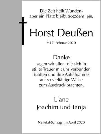 Traueranzeige von Horst Deußen von trauer.extra-tipp-moenchengladbach.de