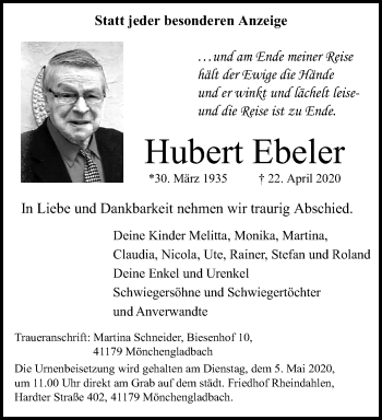 Traueranzeige von Hubert Ebeler von trauer.extra-tipp-moenchengladbach.de