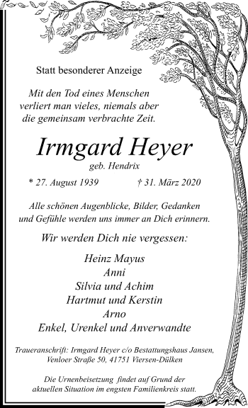 Traueranzeige von Irmgard Heyer von trauer.extra-tipp-moenchengladbach.de