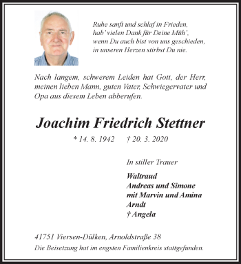 Traueranzeige von Joachim Friedrich Stettner von trauer.extra-tipp-moenchengladbach.de