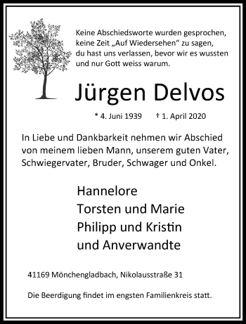 Traueranzeige von Jürgen Delvos von trauer.extra-tipp-moenchengladbach.de
