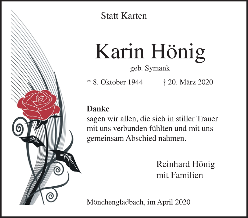  Traueranzeige für Karin Hönig vom 19.04.2020 aus trauer.extra-tipp-moenchengladbach.de