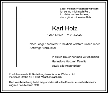 Traueranzeige von Karl Holz von trauer.extra-tipp-moenchengladbach.de