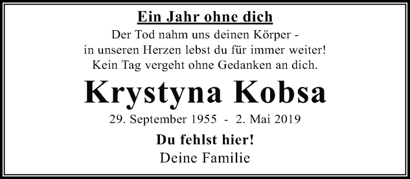  Traueranzeige für Krystyna Kobsa vom 26.04.2020 aus trauer.mein.krefeld.de