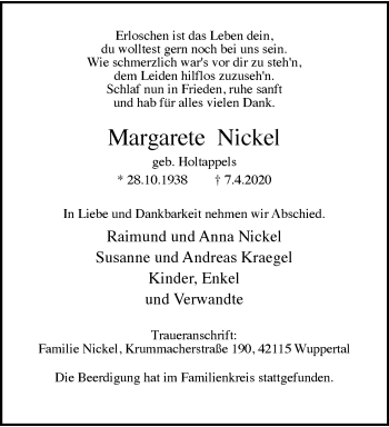 Traueranzeige von Margarete Nickel von trauer.wuppertaler-rundschau.de