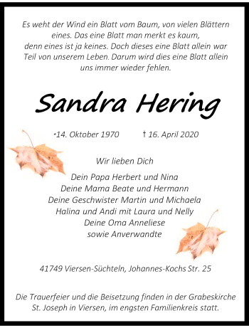 Traueranzeige von Sandra Hering von trauer.extra-tipp-moenchengladbach.de