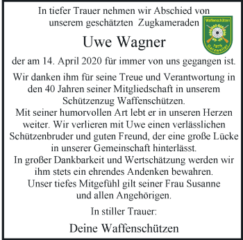 Traueranzeige von Uwe Wagner von trauer.stadt-kurier.de