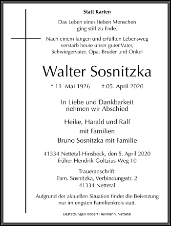 Traueranzeige von Walter Sosnitzka von trauer.extra-tipp-moenchengladbach.de