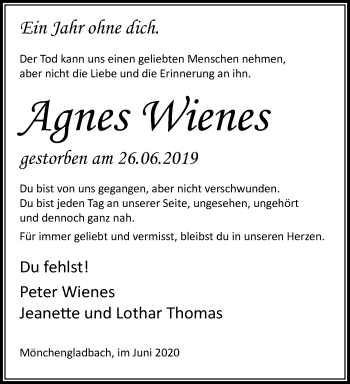 Traueranzeige von Agnes Wienes von trauer.extra-tipp-moenchengladbach.de