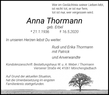 Traueranzeige von Anna Thormann von trauer.extra-tipp-moenchengladbach.de