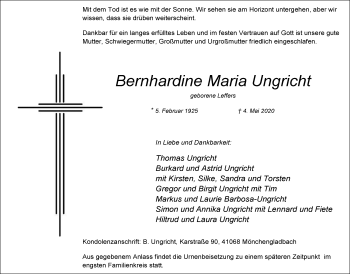 Traueranzeige von Bernhardine Maria Ungricht von trauer.extra-tipp-moenchengladbach.de