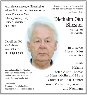 Traueranzeige von Diethelm Otto Bliesner von trauer.extra-tipp-moenchengladbach.de