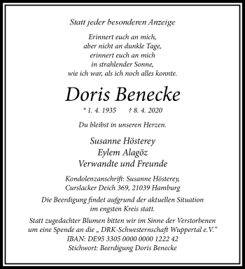 Traueranzeige von Doris Benecke von trauer.wuppertaler-rundschau.de