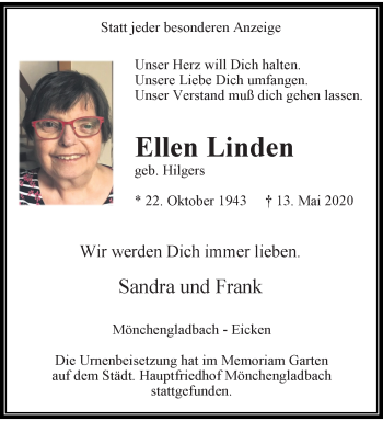 Traueranzeige von Ellen Linden von trauer.extra-tipp-moenchengladbach.de
