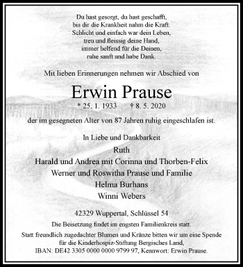 Traueranzeige von Erwin Prause von trauer.wuppertaler-rundschau.de