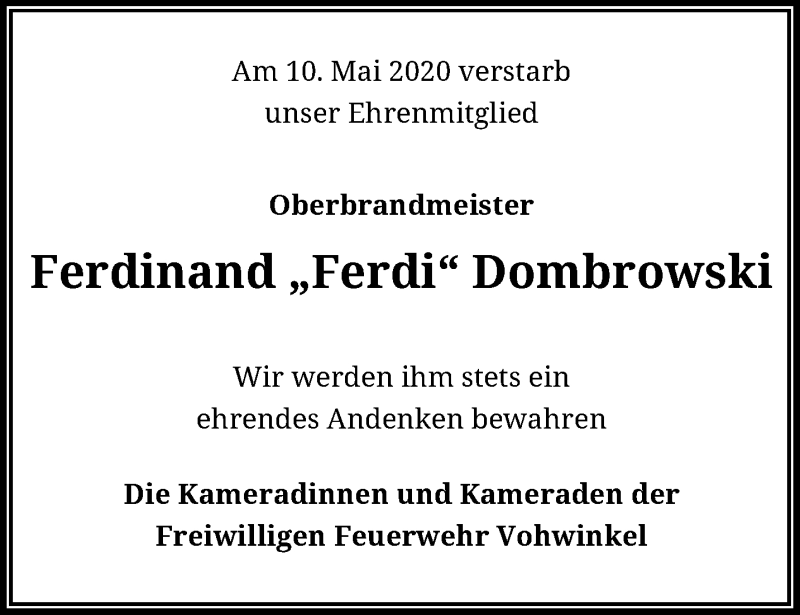  Traueranzeige für Ferdinand Dombrowski vom 16.05.2020 aus trauer.wuppertaler-rundschau.de