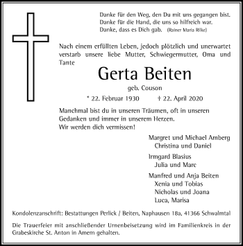 Traueranzeige von Gerta Beiten von trauer.extra-tipp-moenchengladbach.de